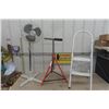 Image 1 : Floor Model Fan, Metal + Plastic Saw Horse with Roller, 2 Step Ladders
