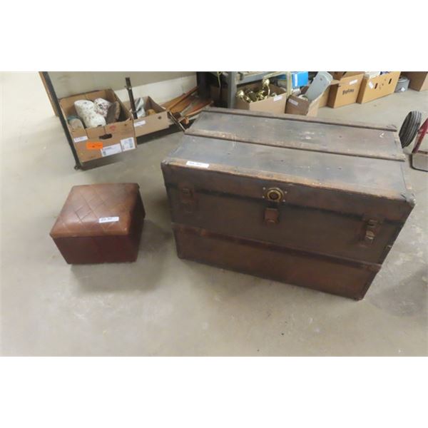 Small Upholstered Box / Rolling Seat + Metal with Wood Trim Travel Trunk 22"×24"×36"