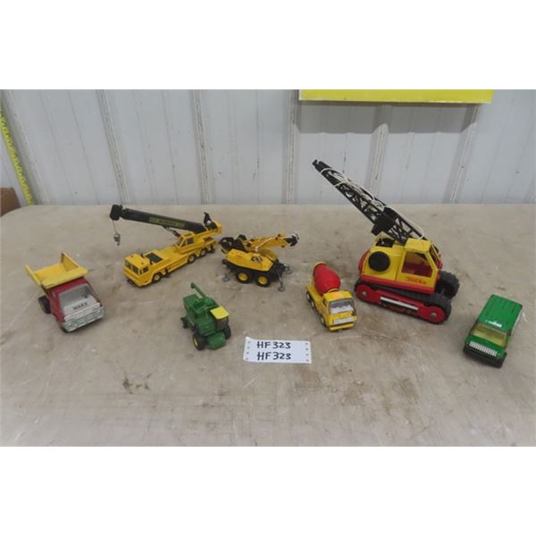 Assorted Pressed Steel + Die Cast Items: Tonka Crane, Marx Dump Truck, Tonkas, John Deere Combine pl