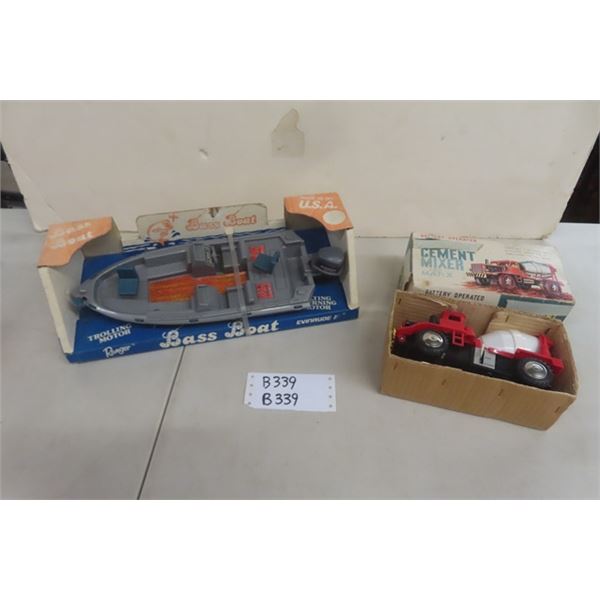 13" Bass Boat with Evinrude Trolling Motor in Box + 7" Battery Operated Cement Mixer in Box 