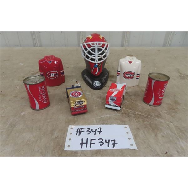 Blackhawks Goalie Mask, 2 Die Cast Zambonis, Montreal Canadians Salt + Pepper Shakers,  Coca-Cola Sa