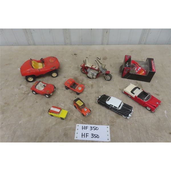 Assorted Die Cast + Pressed Metal Cars : Tonka Dunebuggies, Tonks Motorcycle with Apehangers