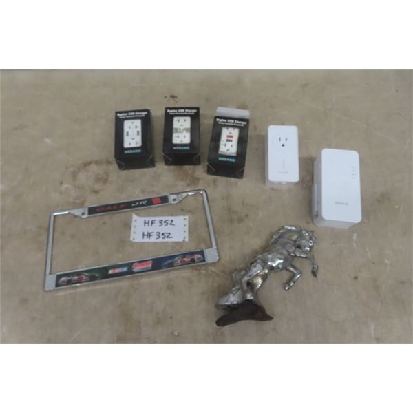 Chrome Horse Hood Ornament, Dale Jr. License Plate Surround, 2 D-Link Plugs, 3 Webang Outlets with U