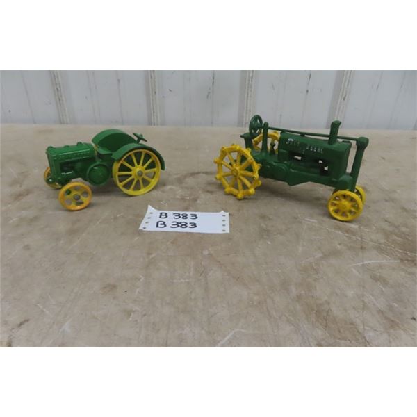 2 John Deere Cast Iron + Metal Tractors: 6" + 8" Long