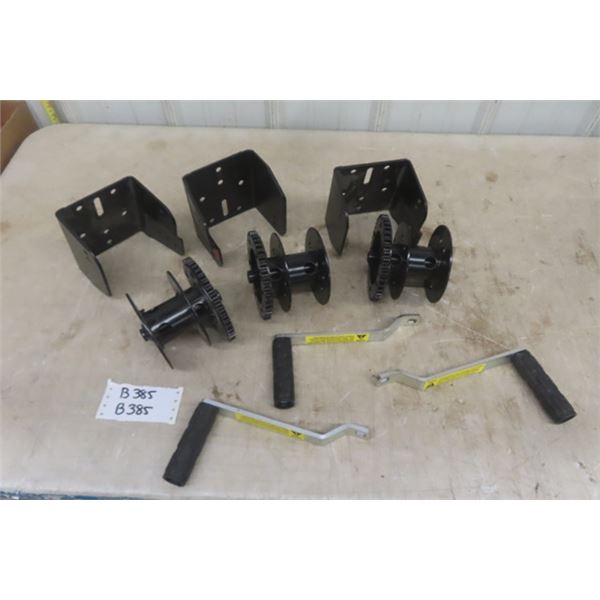 3 Hand Winch Parts- Not Complete: Bracket, Reel, Handle
