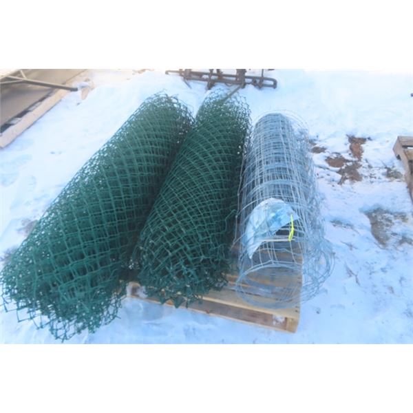 Pallet with 2 Rolls of Green Fencing 60" Tall + 1 Roll Metal Wire Fencing 48" 
