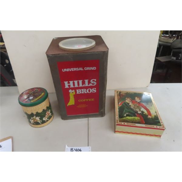20 lb Hills Bros Coffee Tin, Perk Freans Biscuit Tin + 1 Other Cookie Tin