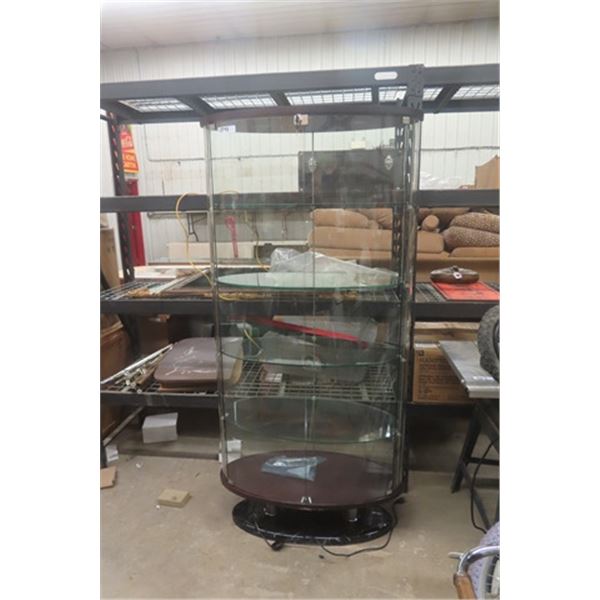 Modern Oval Glass Display Case, 4 Shelf, Wooden Top + Bottom with Marble Base, Lighted With Keys 17"