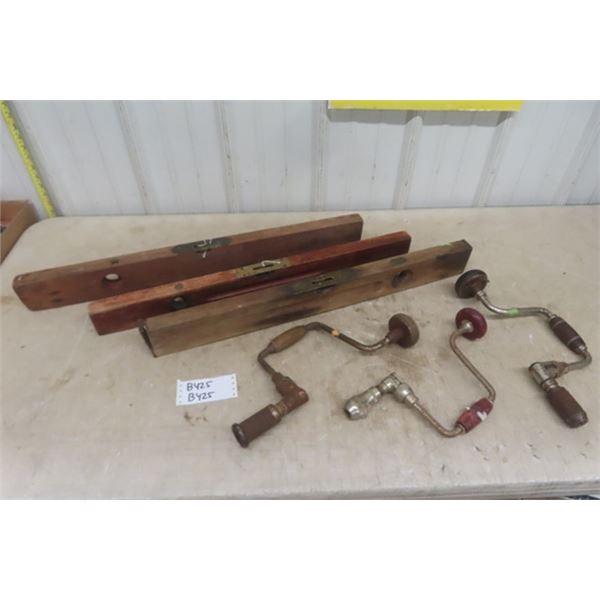Assorted Antique Carpentry Tools: 3 Levels, 3 Hand Drills 