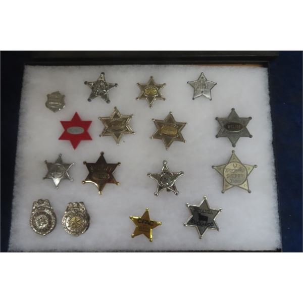 Collection of Sherrif + Police Badges with Showcase - 16 Total Plastic + Metal
