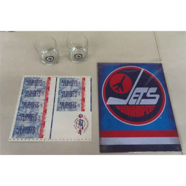 WPG Jets Tin Sign 11"×14", 1996 Jets Playoff Tickets, 2 Jets Bar Glasses