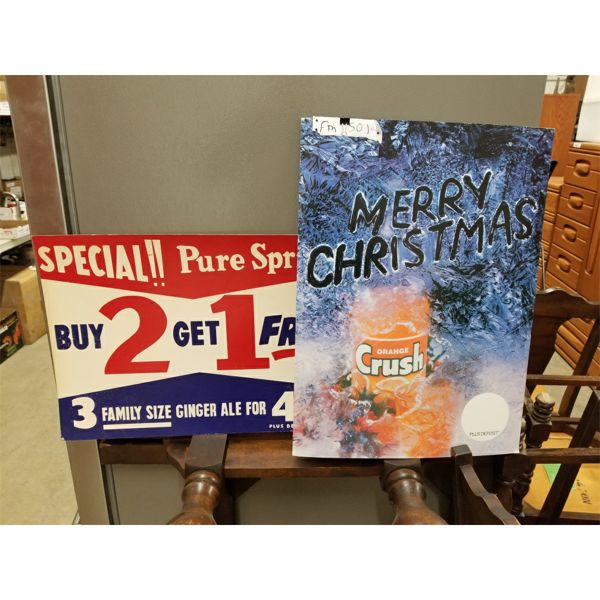 2 Cardboard Signs: Orange Crush 16"×22" + Pure Spring Ginger Ale 15"×20"
