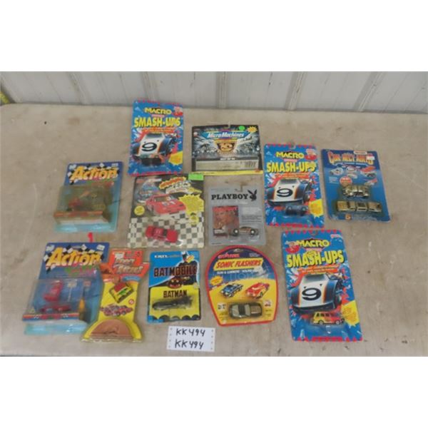 12 Assorted Die Cast Cars New in Packages: Micro Machine, Sonic Flashers, Penny Racers plus more
