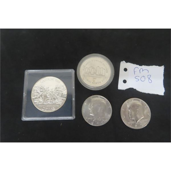 1971 + 1977 USA Coins, 1980 Ontario Piece, 1 Dollar Coin, 1989 Mackenzie River 1 Dollar Coin