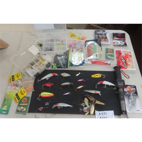 Assortment of Fishing Lures, Bait, Hooks, Scale