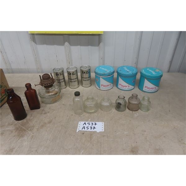3 Players Tins, Ink Bottles, CP Rail Drinking Water, Coal Oil Lamp Base