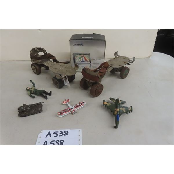 Vintage Roller Skates, Garmin Nuvi 255 WT Nav System, 2 Toy Planes, Tank, Figure