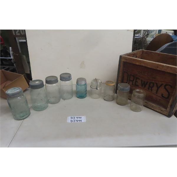 Drewry's Wood Bottle Crate + Assorted Sealers ; Crown, Ball, Mid West