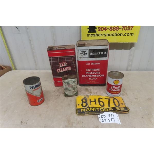 Oil Cans ; Shell, Texcao, Massey Ferguson, Gulf + License Plate