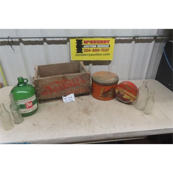 
Nesbitts Crate, 7Up Jug, Pop Bottle ; Wishing Well, Zero + Riley's Toffee Tin