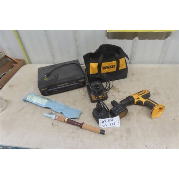 DeWalt 12V Drill, Bag, Charger + 2 Batteries, VCR, Telescopic Fishing Rod