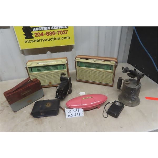 Transistor Radio, Blow Torch, Folding Camera, Sewing Attachments