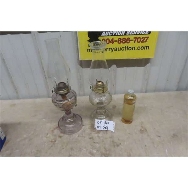 2 Coal Oil Lamps - Both with Chimney, 1 Peanut Lamp + Oil 