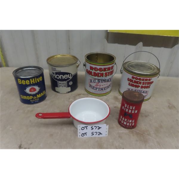 4 Honey Tins up to 10 lbs, Blue Ribbon Tin, Enamel Pot