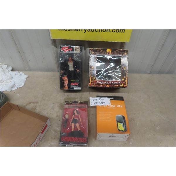 3 Figurines in Boxes, Planet Terror, Sin City, Ghost Ride & Garmin GPS