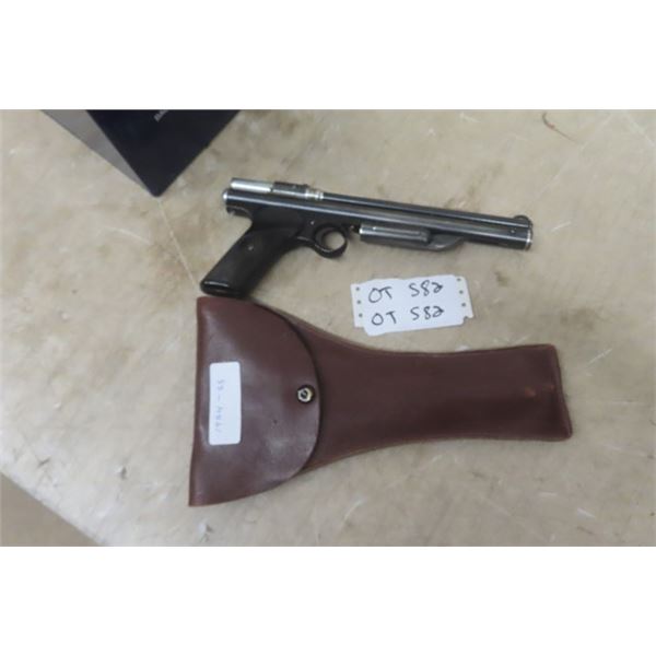 Crosman Model 130 Pellet Hand Gun with Leather Holster - Both Vintage