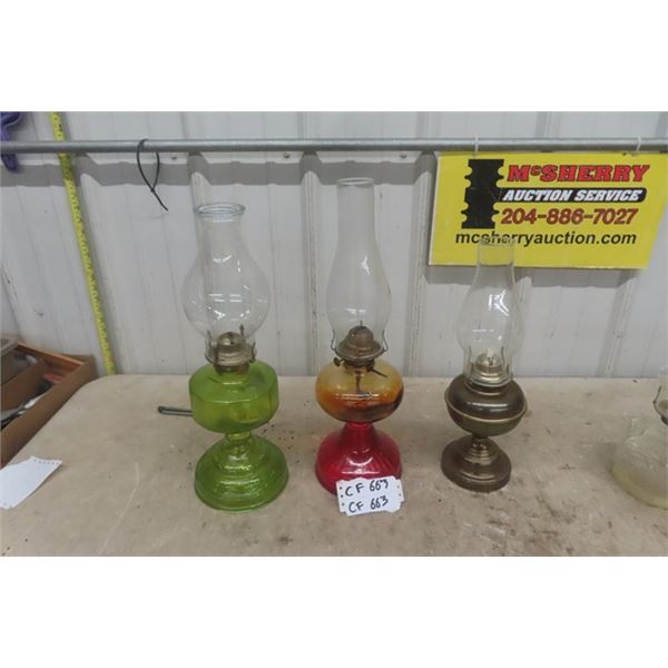 3 Coal Oil Lamps with Chimneys 