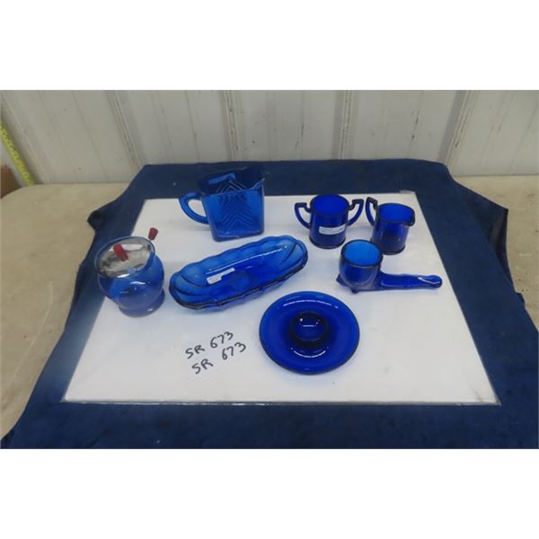 7 pcs Cobalt Glassware: Mustard Pot, Measuring Cup, Banana Split  Dish, Cream + Sugar Pair  plus mor