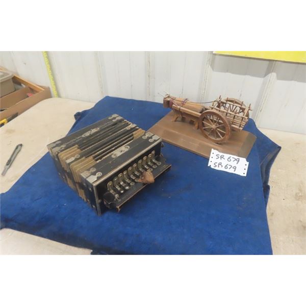 Vintage Squeeze Box ( Accordion) Edward VII + Carved Ox with Cart