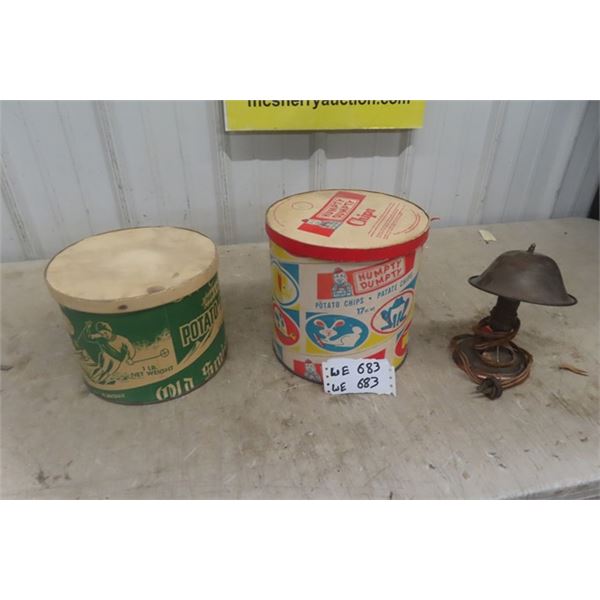 Flemish Copper Lamp + 2 Chips Containers,  Old Swiss Teulon, MB + Humpty Dumpty