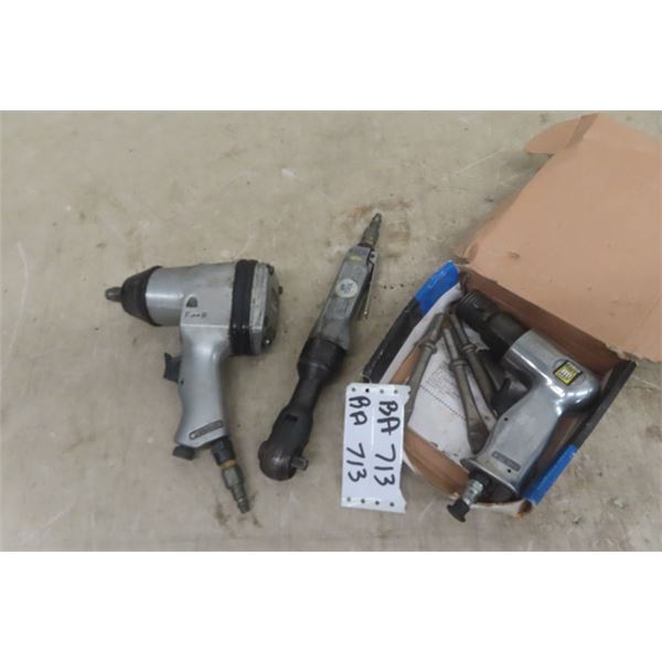 3 Air Tools: 1/2" Impact, 3/8" Ratchet, Chisel with Accessories