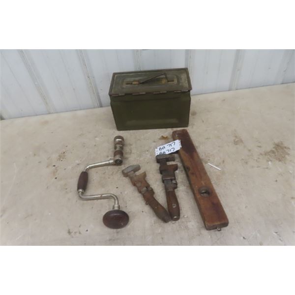 Metal Military  Ammo Box,  Old Pipe Wrench, Brass Level
