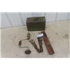 Image 1 : Metal Military  Ammo Box,  Old Pipe Wrench, Brass Level