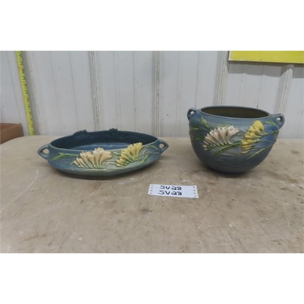 2 Pieces of Roseville Pottery ; 6  Floral Bowl + 10  Matching Bowl - See Last Picture for Numbers