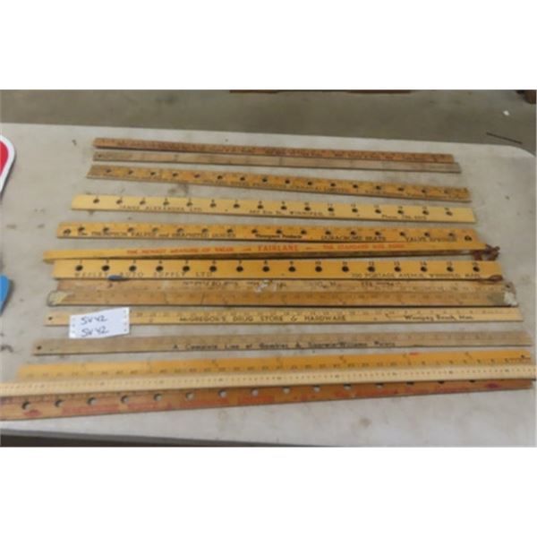 14 Assorted Wooden Yard Sticks ; Ford, Shell, Sherwin Williams, Toledo Steel, Wesley Auto plus more 