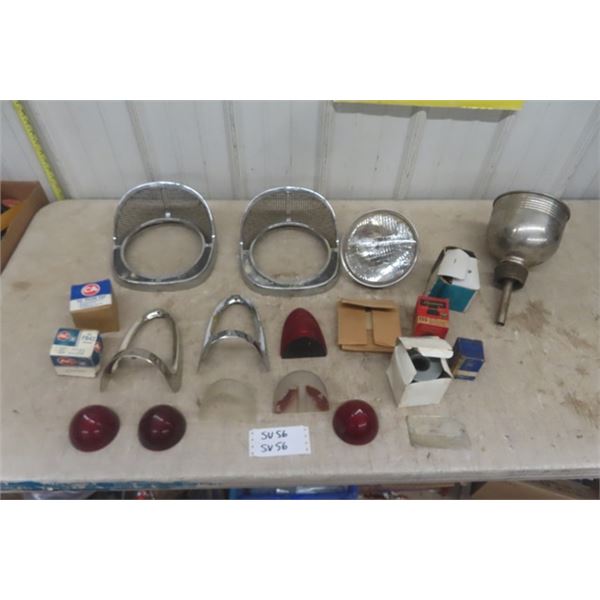 Lot of Assorted 50's Chevy Parts ; Headlight Bezels,  Tail Light Chrome, Filler Cap, Filter, Lenses,