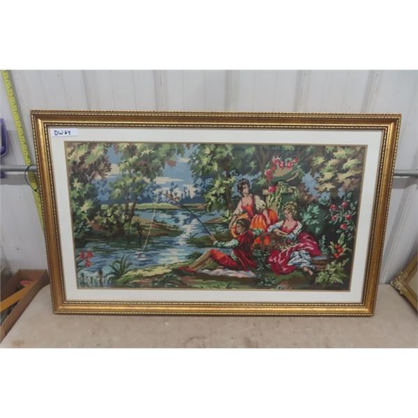 Large Needle Point Fishing Scene 29" x 48" 