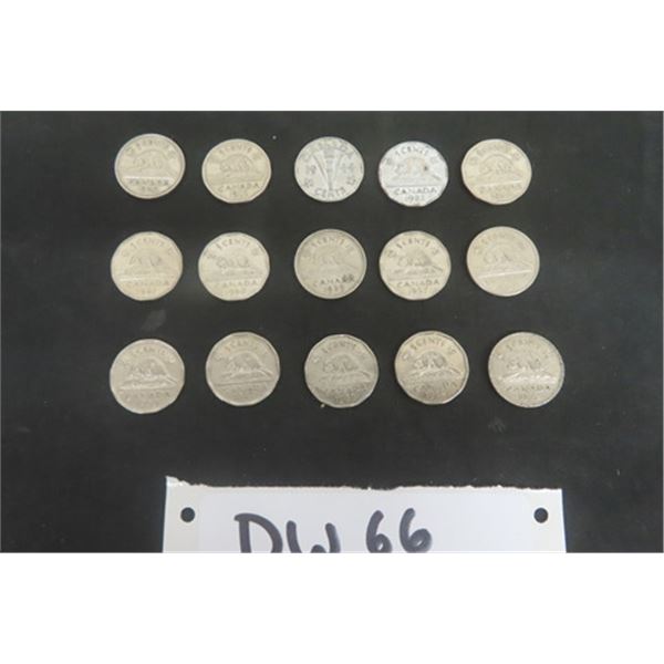 15 Vintage Canadian 5 Cent Coins - 1939 - 64 - See Last Picture for Details