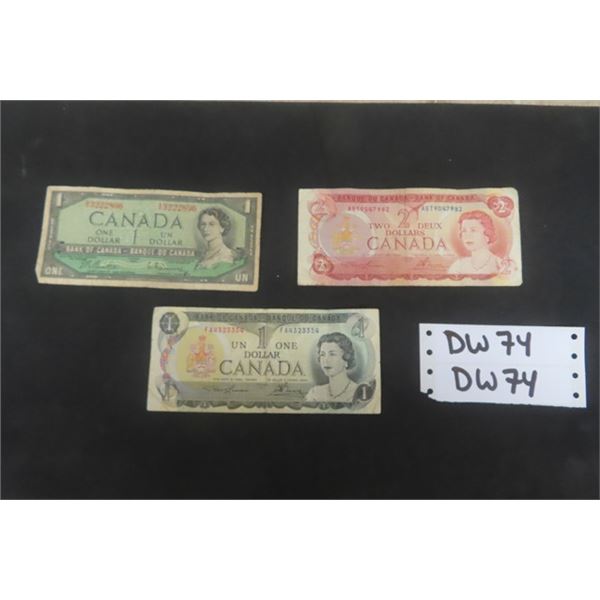1954 + 1973 $1.00 & 1974 $2.00 Canadian Paper Bills - Used 