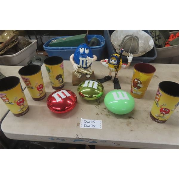 Assorted M+M Collectibles; Cups, Covered M+M Shaped Bowls, Sax Player
