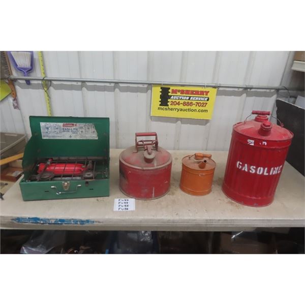 3 Metal Gas Cans + Coleman Cook Stove