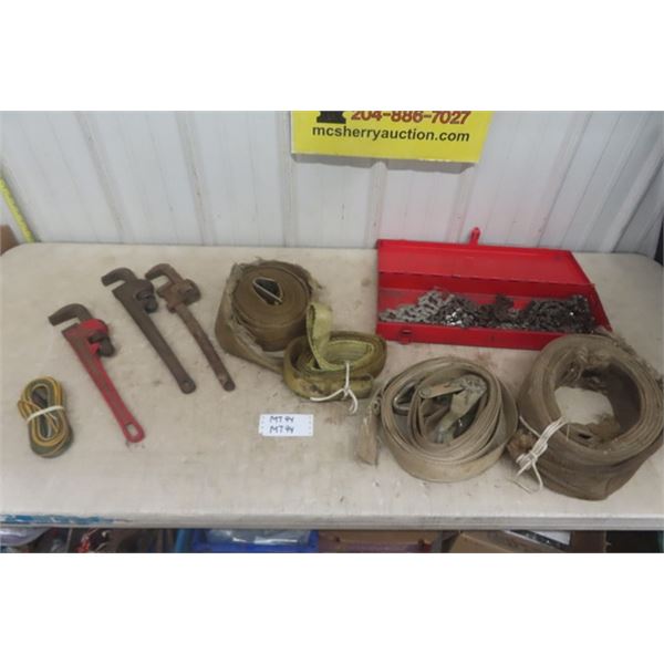 3 Pipe Wrenches, Strap, Box of Chainsaw Chain