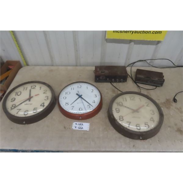2 Westclox 13.5" Electric Wall Clocks, 1 Edwards 13" Metal Clock, 2 Clock Radios