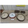 Image 1 : 2 Westclox 13.5" Electric Wall Clocks, 1 Edwards 13" Metal Clock, 2 Clock Radios