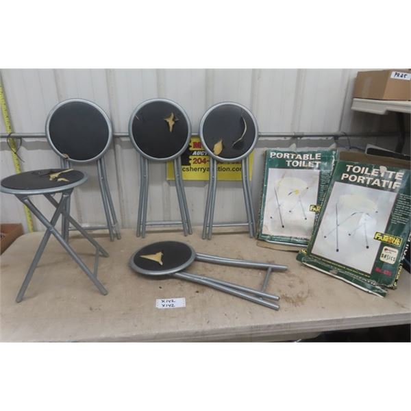 5 Folding Metal Chairs with Upholstered Seats - some need Recovering & 2 Portable Toilets