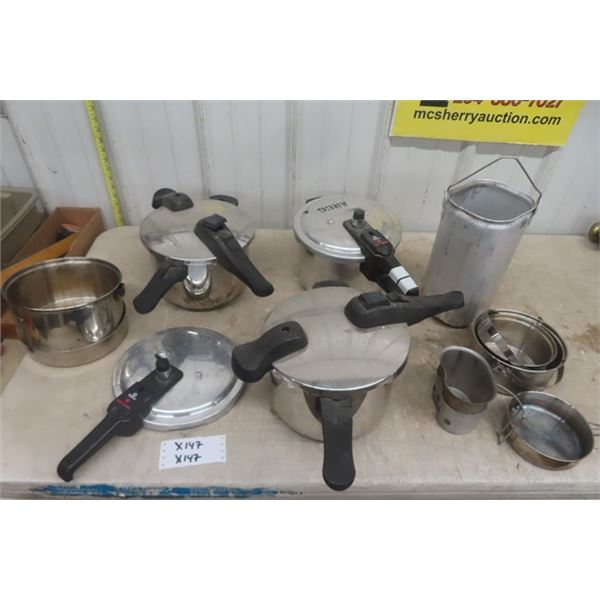 3 Pressure Cookers + Assorted Aluminum Cookware